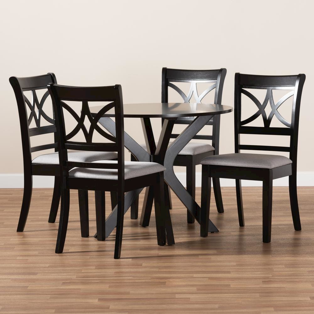 Grey Fabric Upholstered and Dark Brown Finished Wood 5-Piece Dining Set