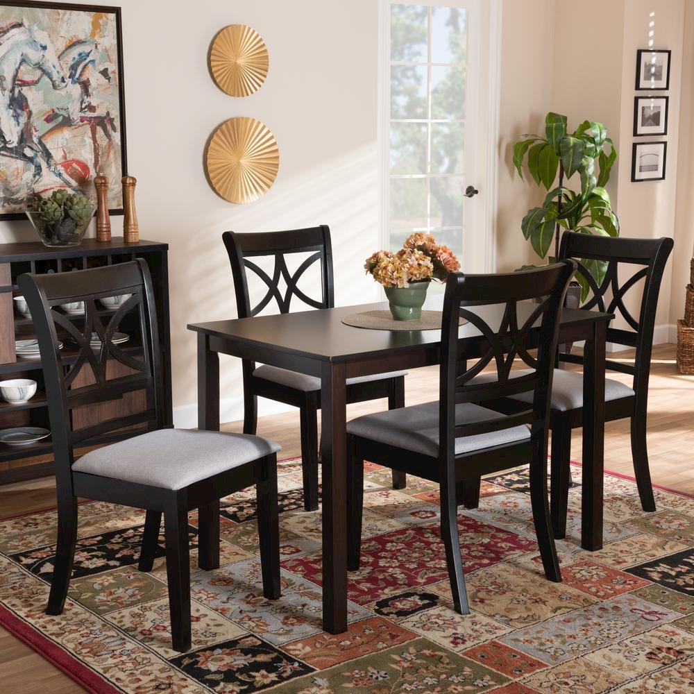 Grey Fabric Upholstered and Espresso Brown Finished Wood 5-Piece Dining Set