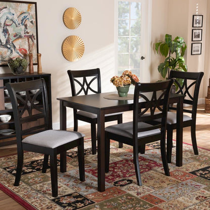 Grey Fabric Upholstered and Espresso Brown Finished Wood 5-Piece Dining Set