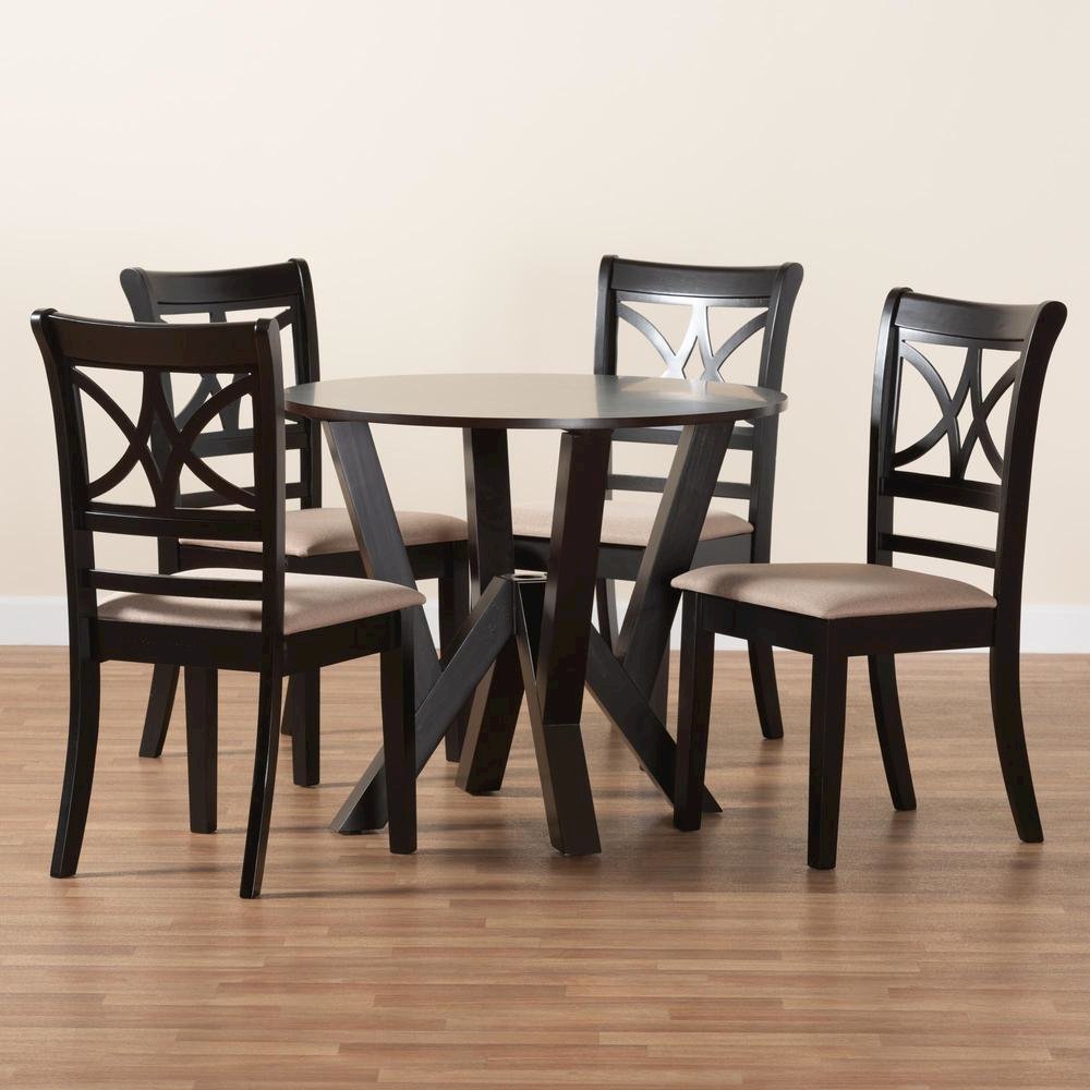 Mari Modern Beige Fabric and Dark Brown Finished Wood 5-Piece Dining Set