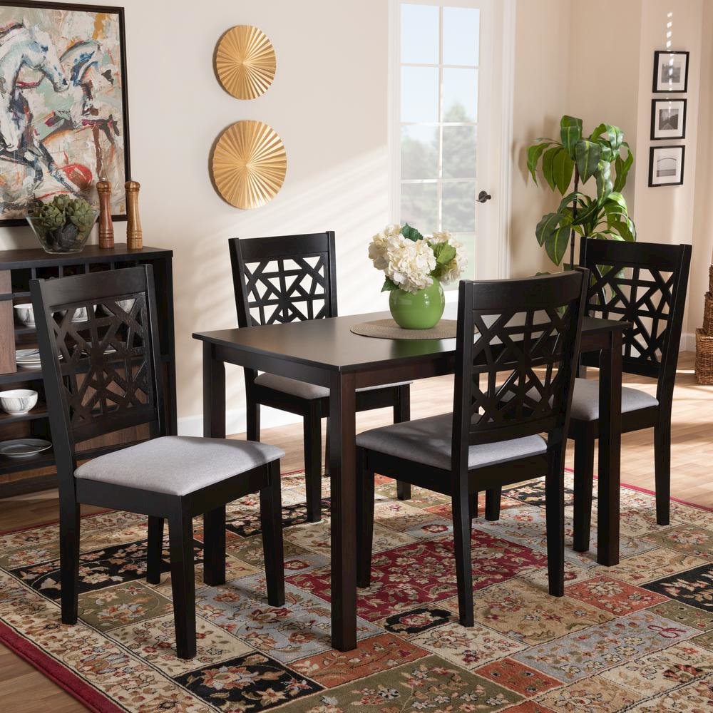 Grey Fabric Upholstered and Espresso Brown Finished Wood 5-Piece Dining Set