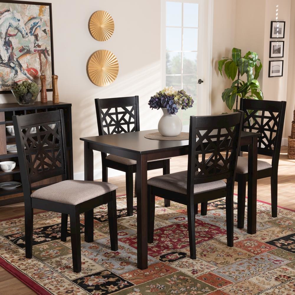 Sand Fabric Upholstered and Espresso Brown Finished Wood 5-Piece Dining Set