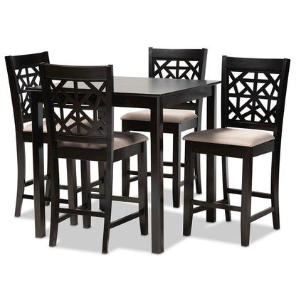 Sand Fabric Upholstered and Espresso Brown Finished Wood 5-Piece Pub Dining Set