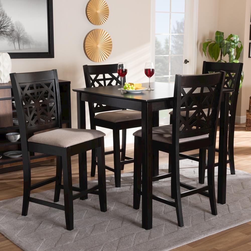 Sand Fabric Upholstered and Espresso Brown Finished Wood 5-Piece Pub Dining Set