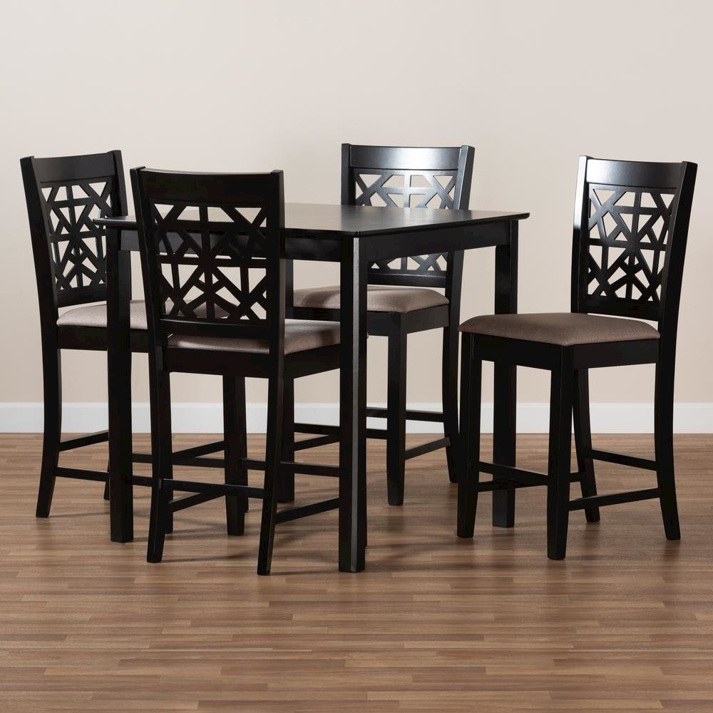 Sand Fabric Upholstered and Espresso Brown Finished Wood 5-Piece Pub Dining Set