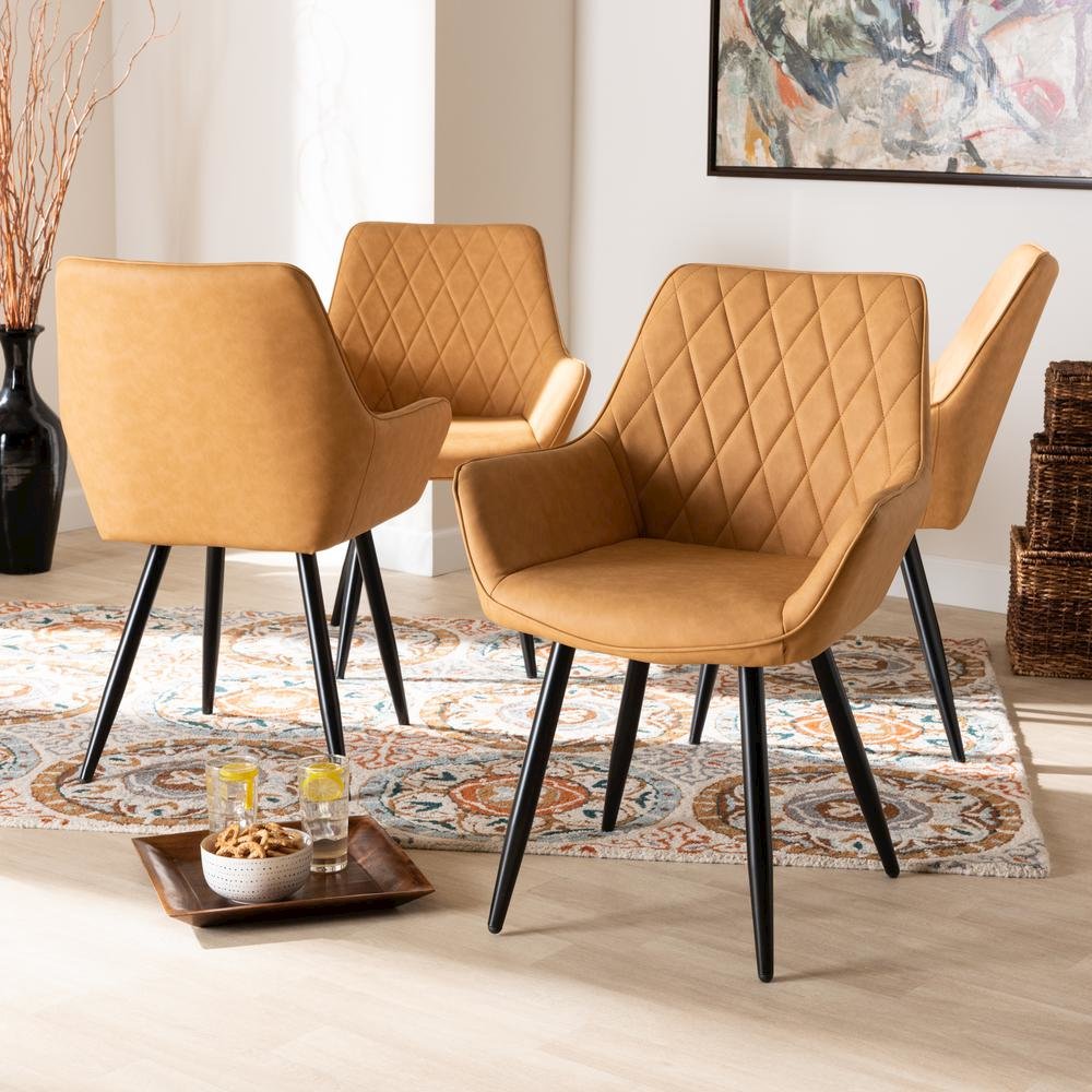 Leather Upholstered and Black Metal 4-Piece Dining Chair Set