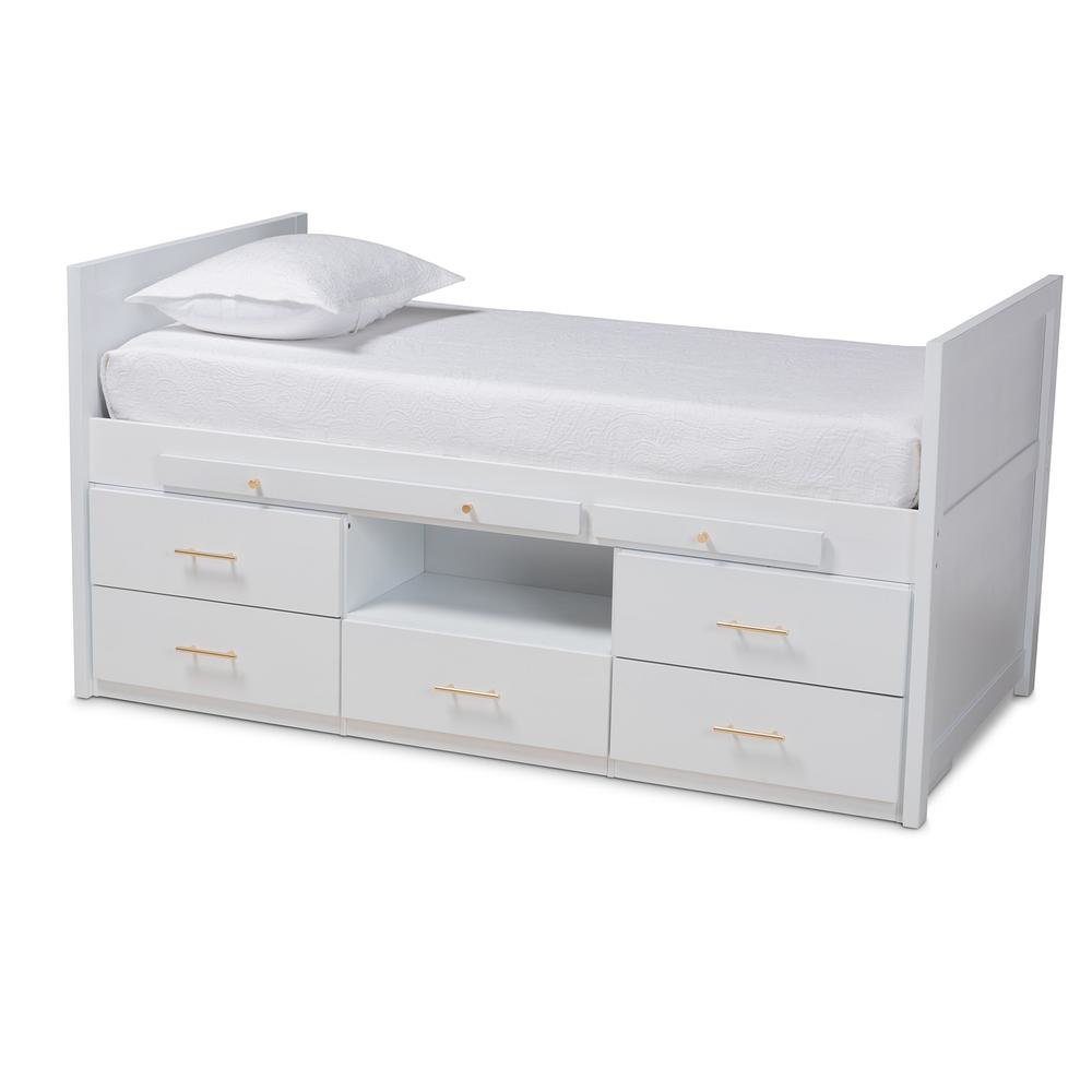 White Finished Wood 5-Drawer Twin Size Storage Bed with Pull-Out Desk