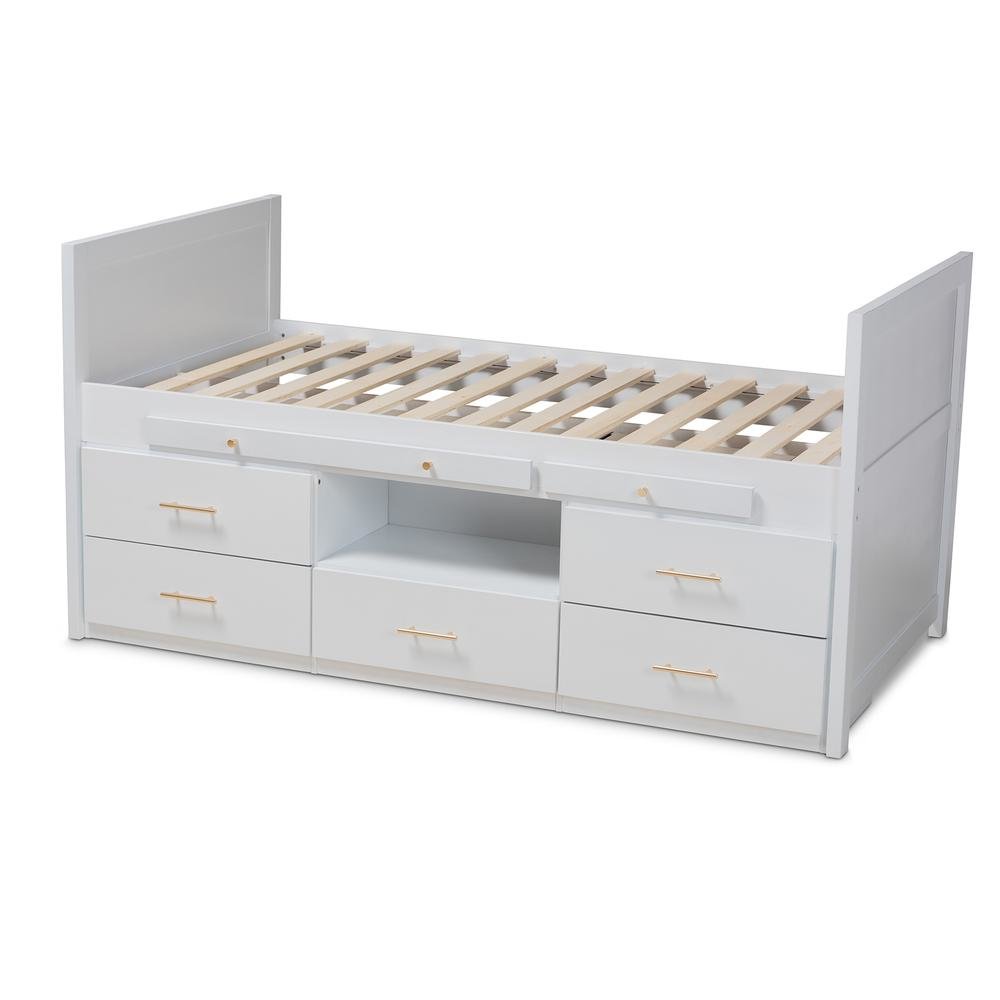 White Finished Wood 5-Drawer Twin Size Storage Bed with Pull-Out Desk