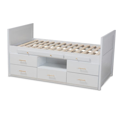 White Finished Wood 5-Drawer Twin Size Storage Bed with Pull-Out Desk