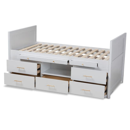 White Finished Wood 5-Drawer Twin Size Storage Bed with Pull-Out Desk