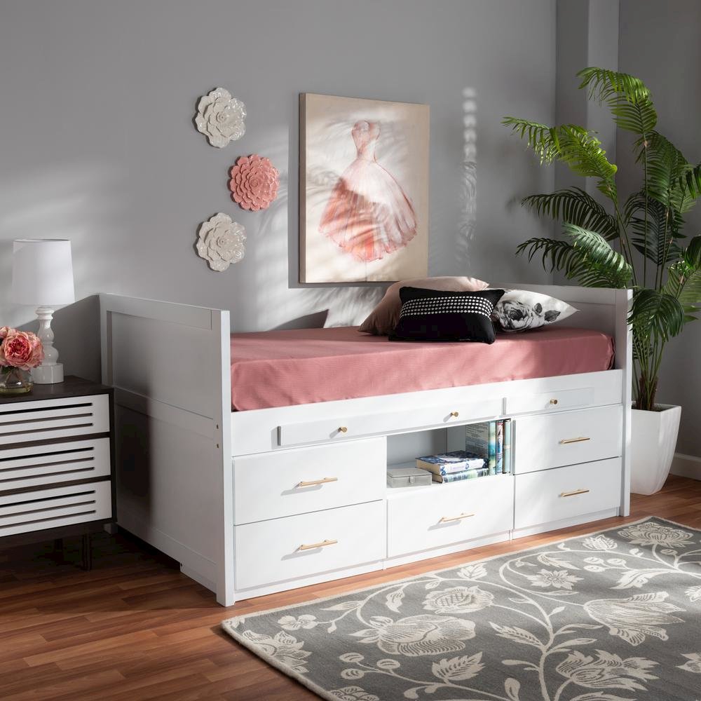 White Finished Wood 5-Drawer Twin Size Storage Bed with Pull-Out Desk