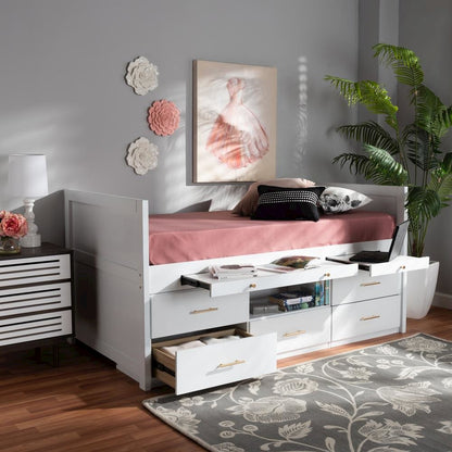 White Finished Wood 5-Drawer Twin Size Storage Bed with Pull-Out Desk