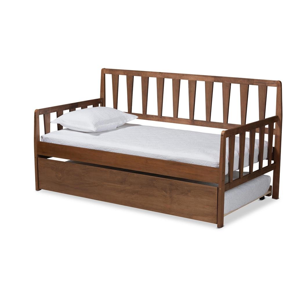 Walnut Brown Finished Wood Twin Size Daybed with Roll-Out Trundle Bed