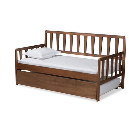 Walnut Brown Finished Wood Twin Size Daybed with Roll-Out Trundle Bed