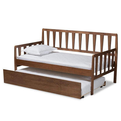 Walnut Brown Finished Wood Twin Size Daybed with Roll-Out Trundle Bed