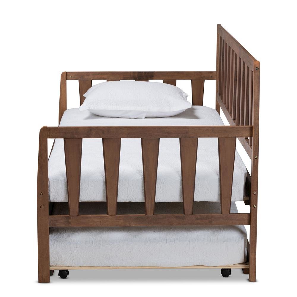 Walnut Brown Finished Wood Twin Size Daybed with Roll-Out Trundle Bed