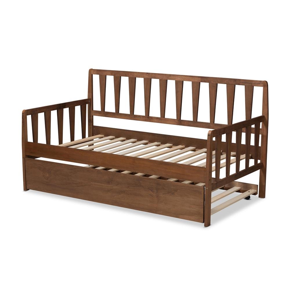Walnut Brown Finished Wood Twin Size Daybed with Roll-Out Trundle Bed