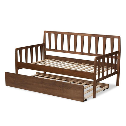 Walnut Brown Finished Wood Twin Size Daybed with Roll-Out Trundle Bed