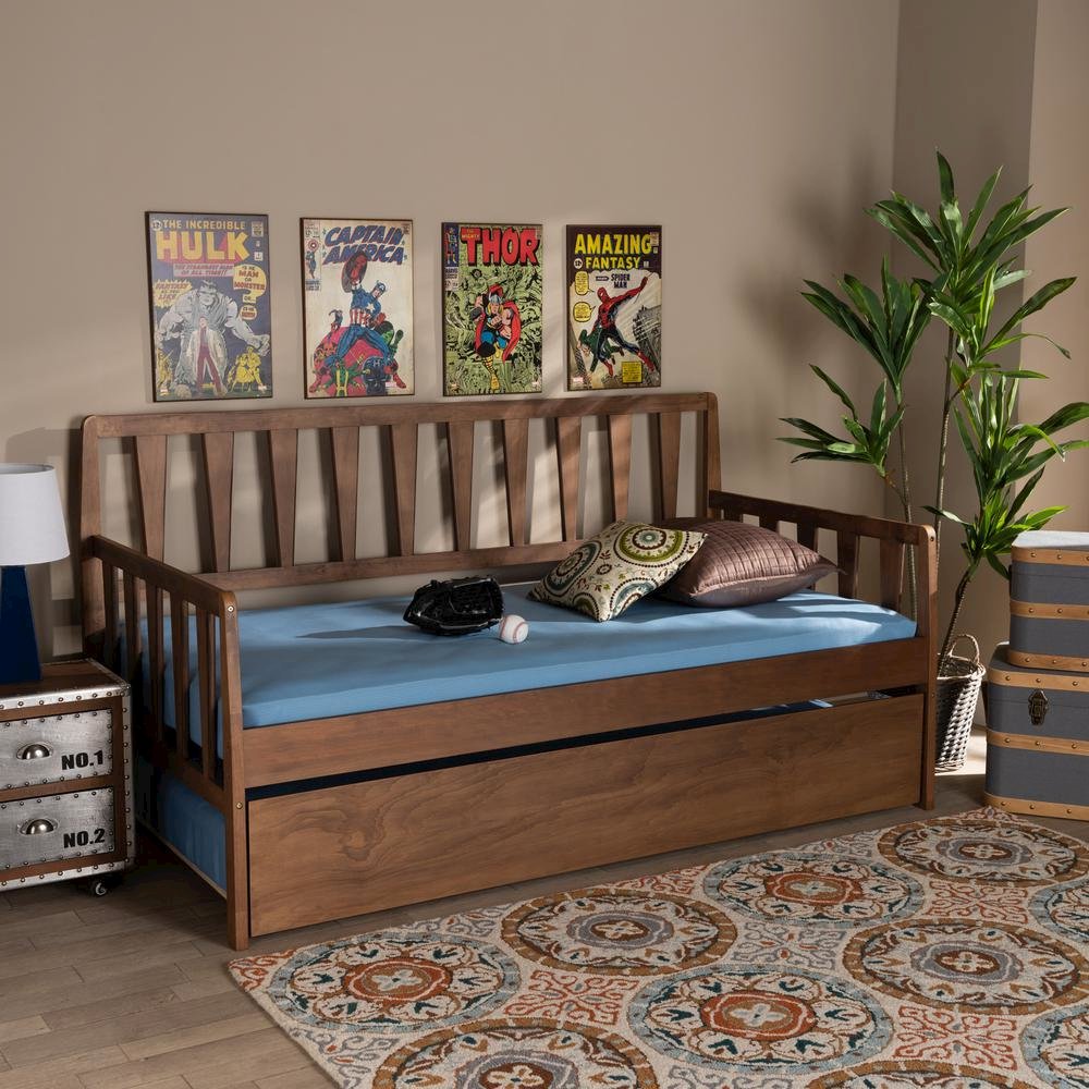 Walnut Brown Finished Wood Twin Size Daybed with Roll-Out Trundle Bed