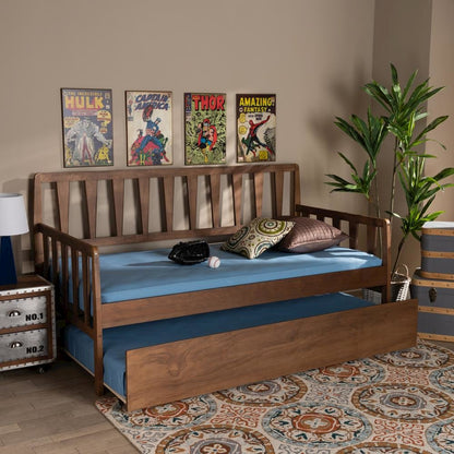 Walnut Brown Finished Wood Twin Size Daybed with Roll-Out Trundle Bed