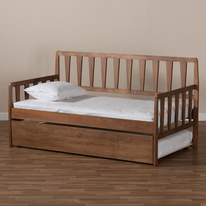 Walnut Brown Finished Wood Twin Size Daybed with Roll-Out Trundle Bed