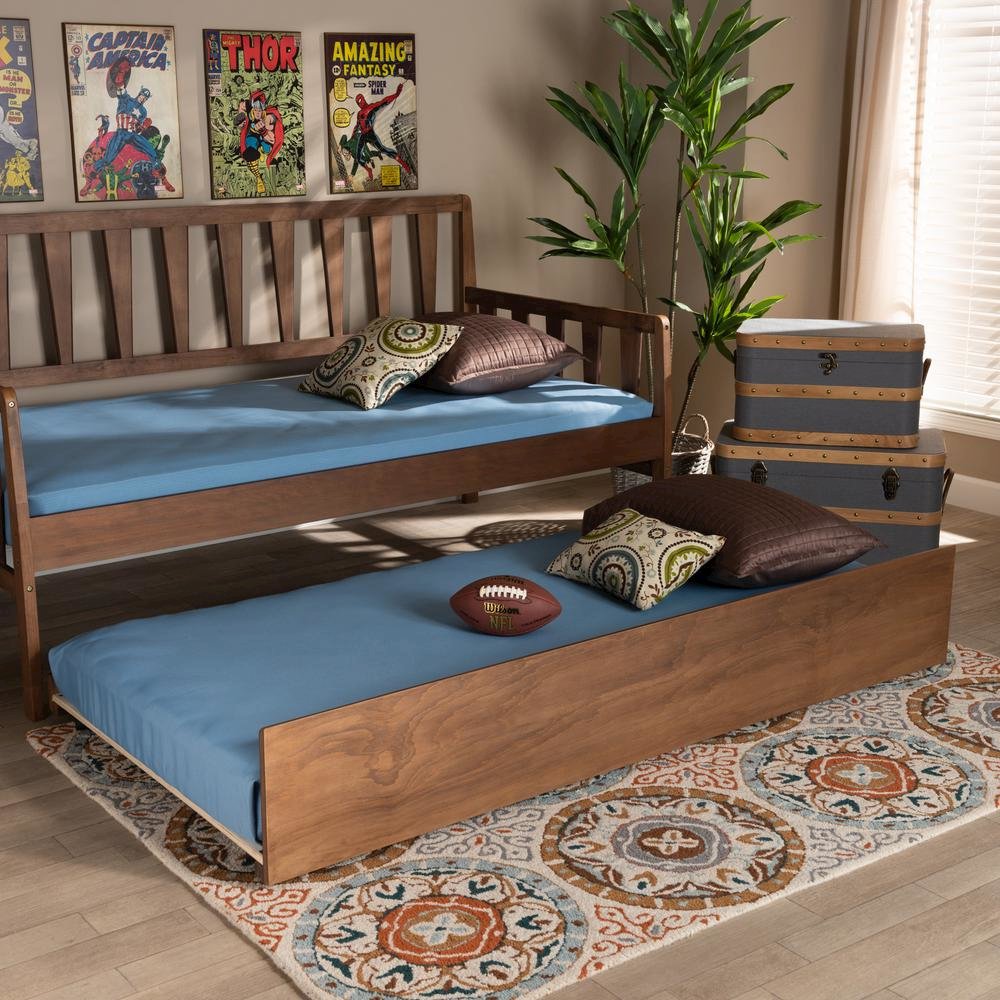 Transitional Walnut Brown Finished Wood Twin Size Trundle Bed