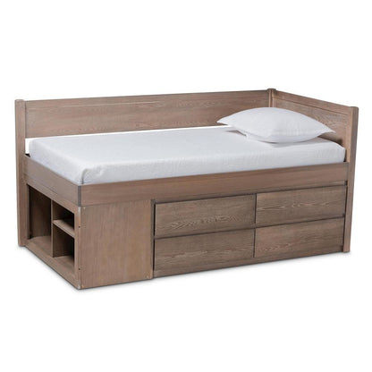 Antique Oak Finished Wood 4-Drawer Twin Size Storage Bed