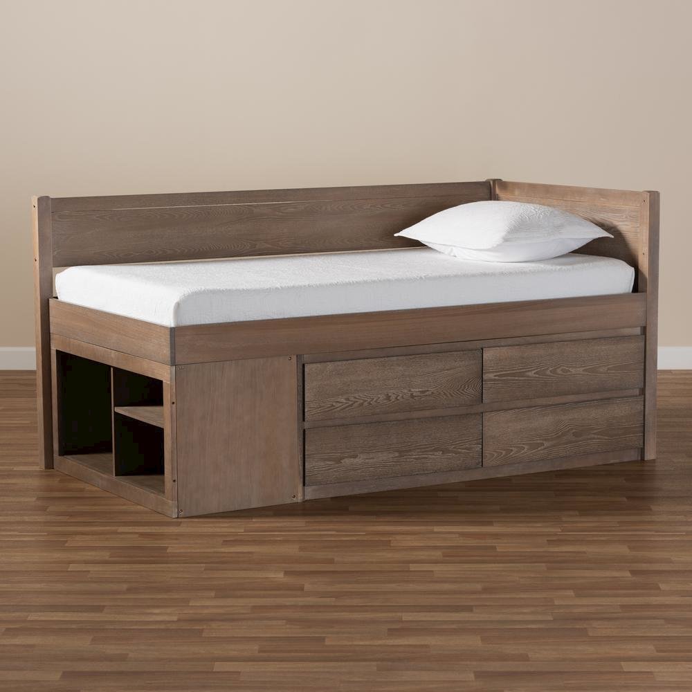 Antique Oak Finished Wood 4-Drawer Twin Size Storage Bed