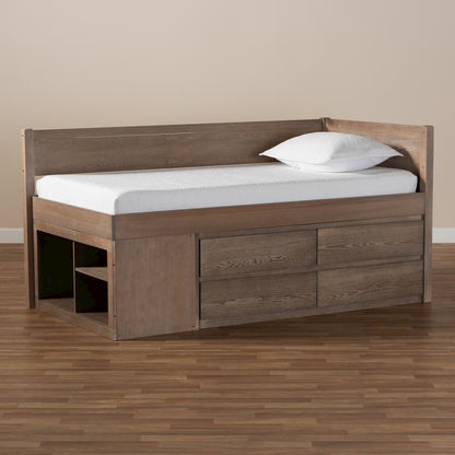 Antique Oak Finished Wood 4-Drawer Twin Size Storage Bed