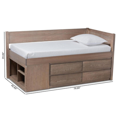 Antique Oak Finished Wood 4-Drawer Twin Size Storage Bed