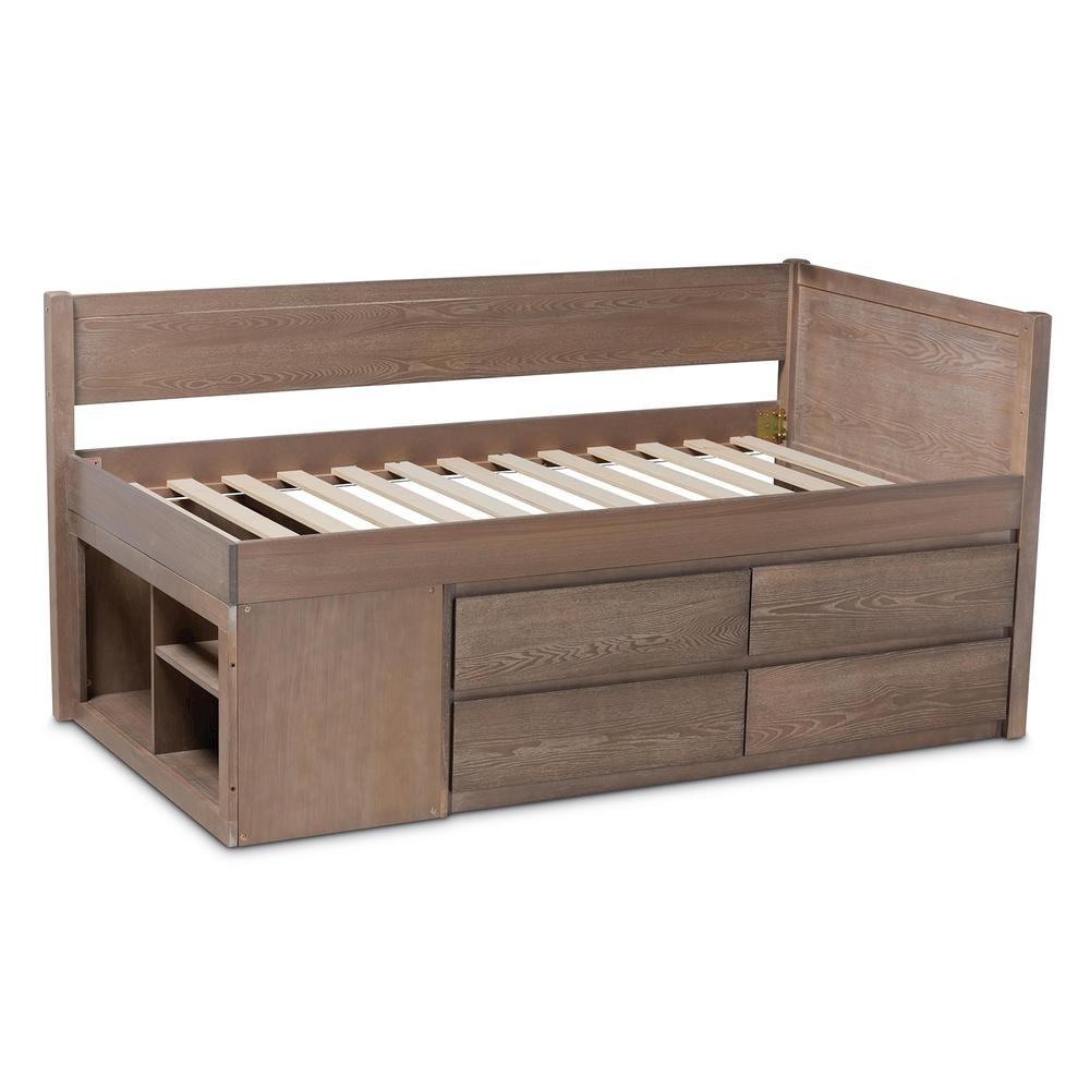 Antique Oak Finished Wood 4-Drawer Twin Size Storage Bed