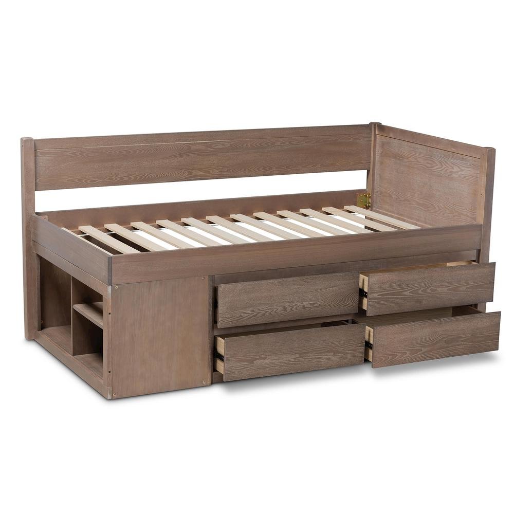Antique Oak Finished Wood 4-Drawer Twin Size Storage Bed