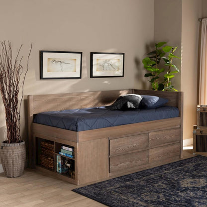 Antique Oak Finished Wood 4-Drawer Twin Size Storage Bed
