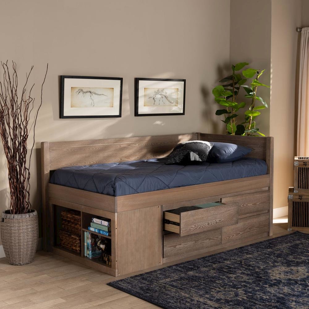 Antique Oak Finished Wood 4-Drawer Twin Size Storage Bed