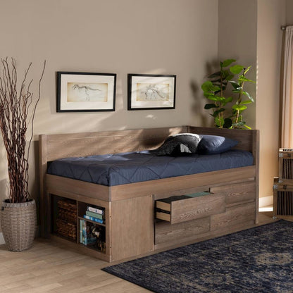 Antique Oak Finished Wood 4-Drawer Twin Size Storage Bed