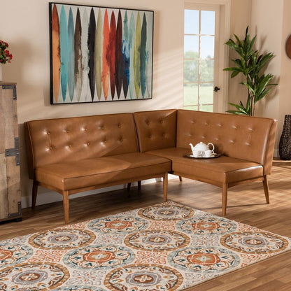 Leather Upholstered Walnut Brown Finished 2-Piece Wood Dining Nook Banquette Set