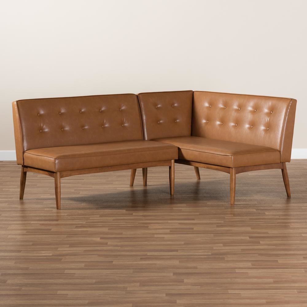 Leather Upholstered Walnut Brown Finished 2-Piece Wood Dining Nook Banquette Set