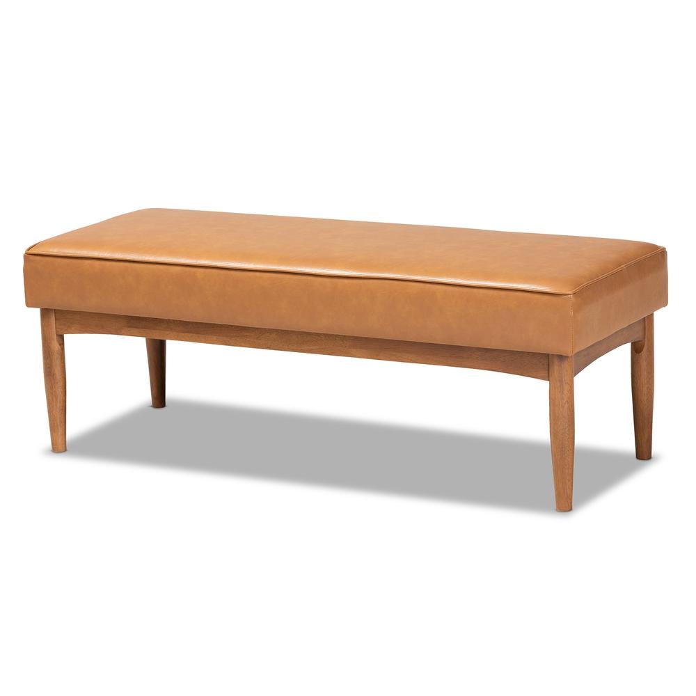 Leather Upholstered and Walnut Brown Finished Wood Dining Bench