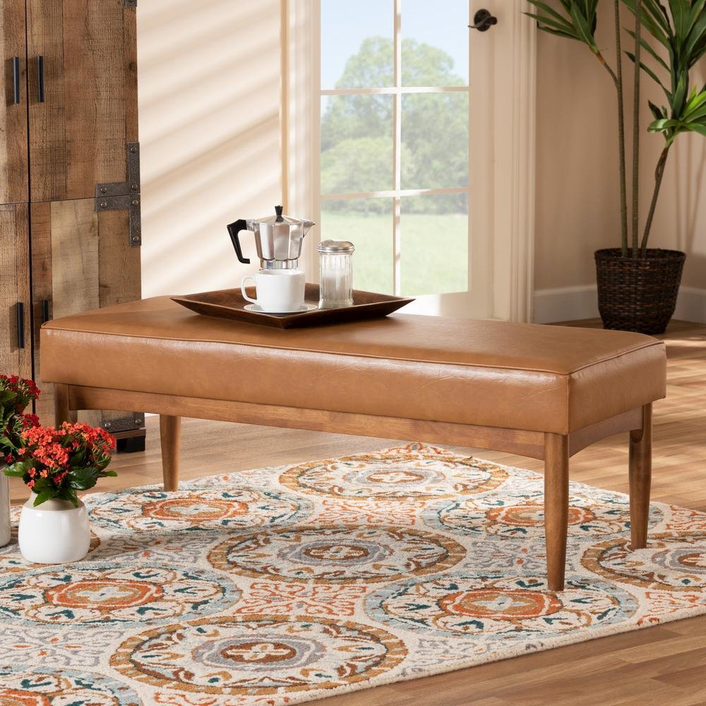 Leather Upholstered and Walnut Brown Finished Wood Dining Bench