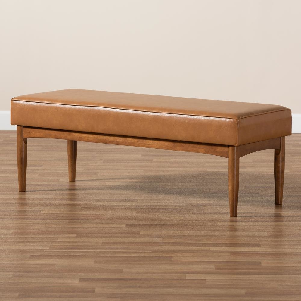 Leather Upholstered and Walnut Brown Finished Wood Dining Bench