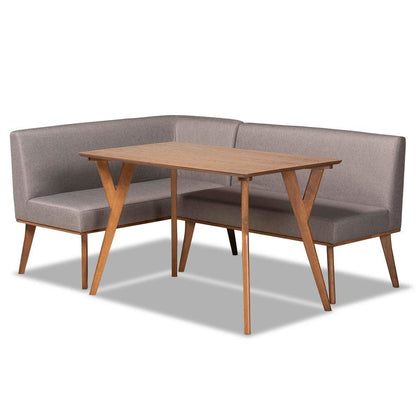 Grey Fabric Upholstered and Walnut Brown Finished Wood 3-Piece Dining Nook Set
