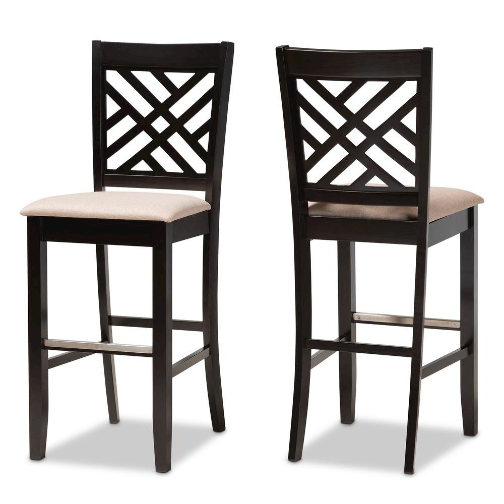 Sand Fabric Upholstered and Espresso Brown Finished Wood 2-Piece Bar Stool Set