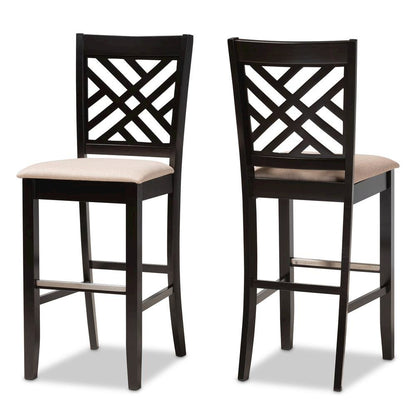 Sand Fabric Upholstered and Espresso Brown Finished Wood 2-Piece Bar Stool Set