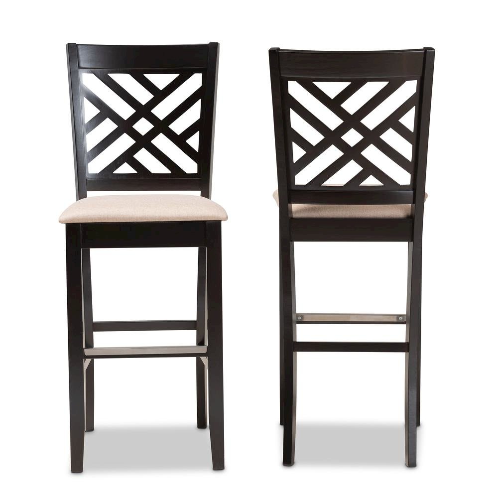Sand Fabric Upholstered and Espresso Brown Finished Wood 2-Piece Bar Stool Set