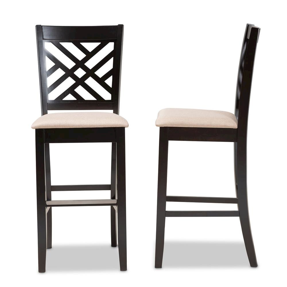 Sand Fabric Upholstered and Espresso Brown Finished Wood 2-Piece Bar Stool Set