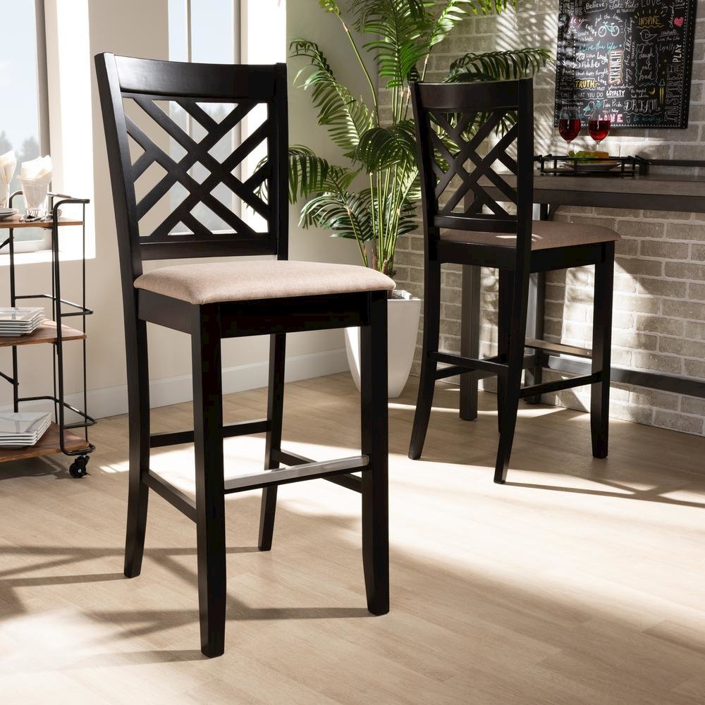 Sand Fabric Upholstered and Espresso Brown Finished Wood 2-Piece Bar Stool Set