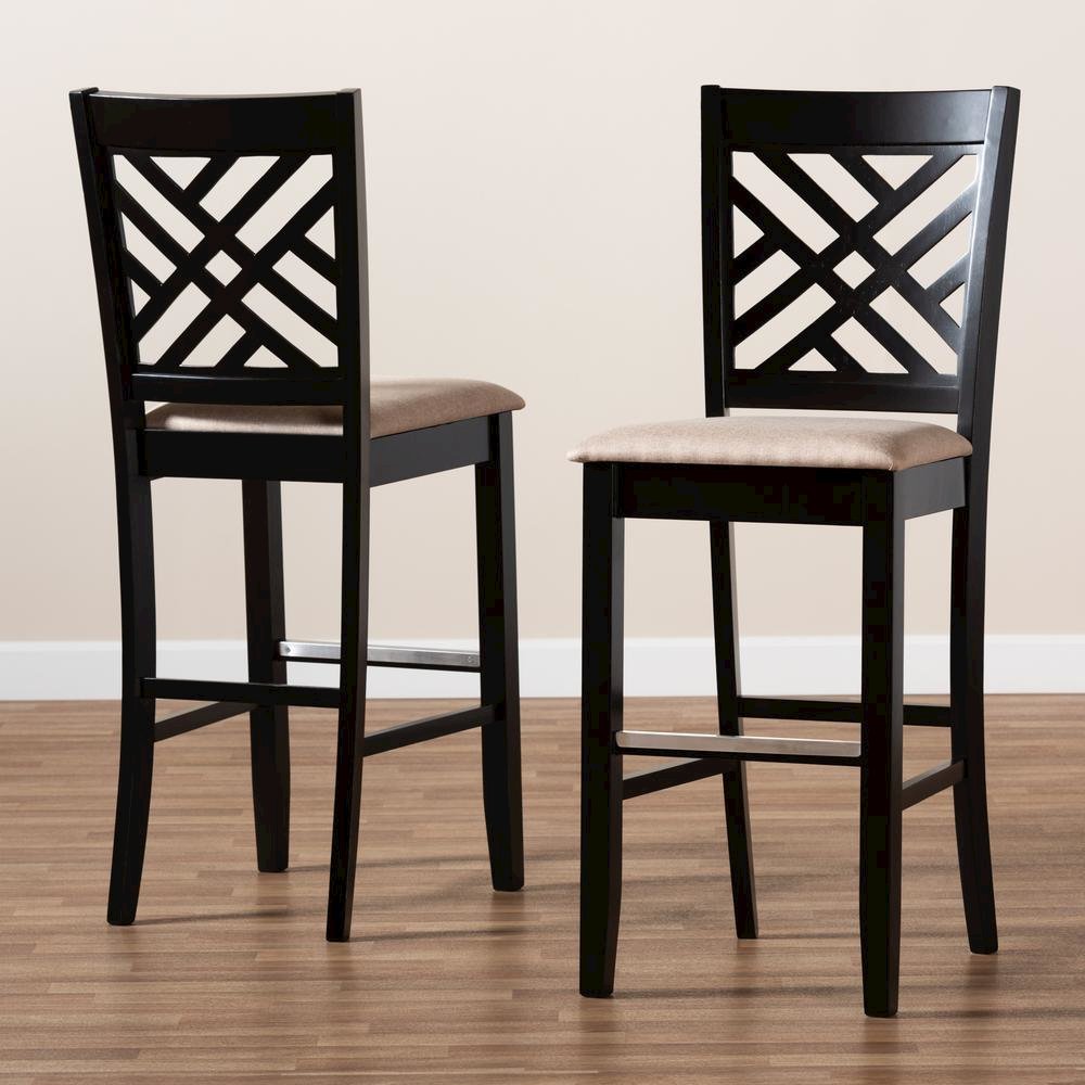 Sand Fabric Upholstered and Espresso Brown Finished Wood 2-Piece Bar Stool Set