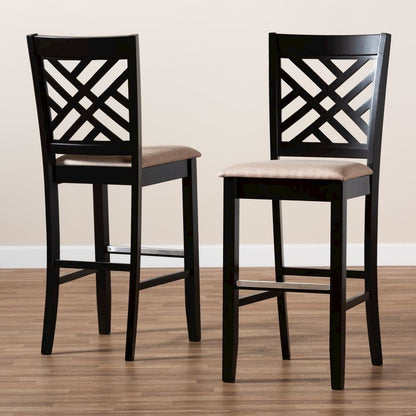 Sand Fabric Upholstered and Espresso Brown Finished Wood 2-Piece Bar Stool Set