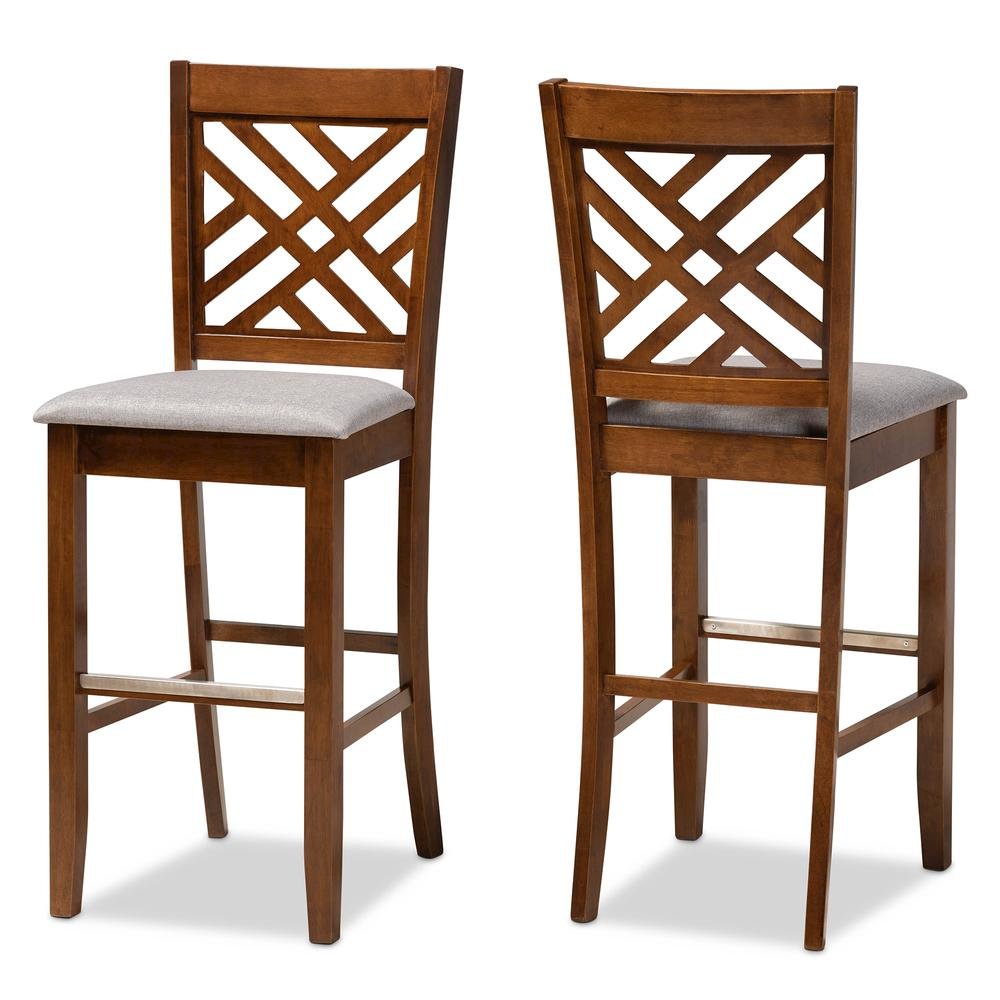 Grey Fabric Upholstered and Walnut Brown Finished Wood 2-Piece Bar Stool Set