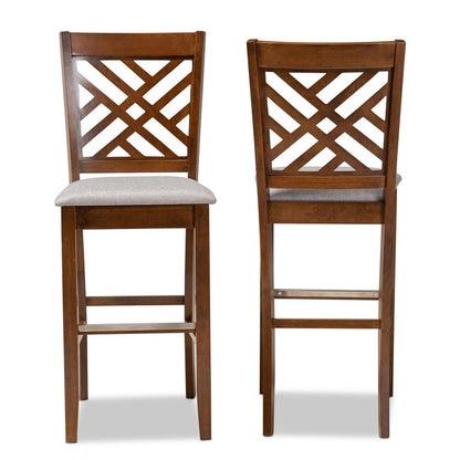 Grey Fabric Upholstered and Walnut Brown Finished Wood 2-Piece Bar Stool Set